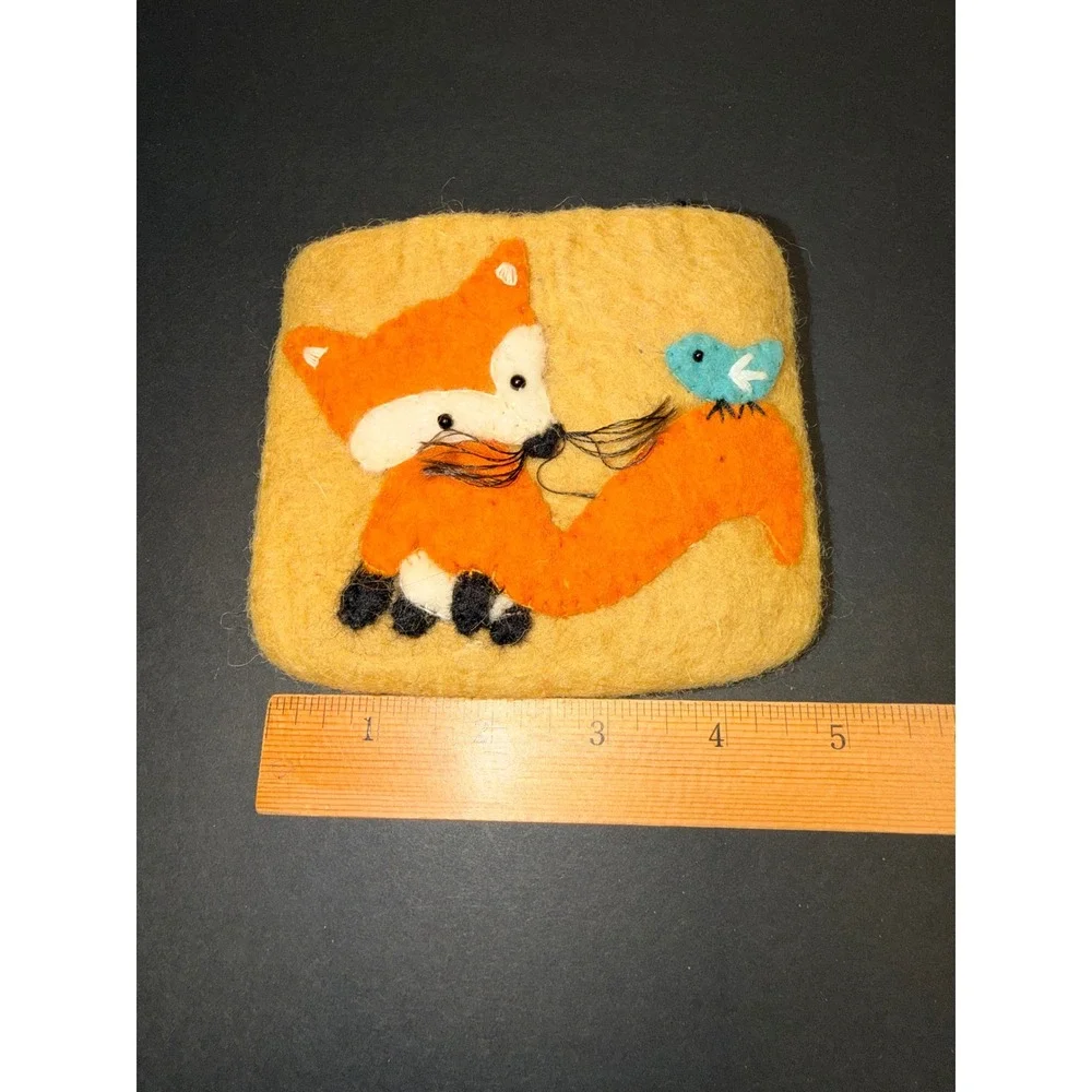 Handmade Felted Wool Fox Bird Coin Purse Pouch Mustard Yellow Made in Nepal
